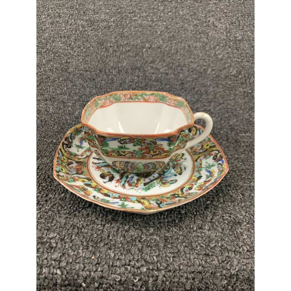 Antique Chinese Famille Rose Medallion Porcelain Octagonal Cup Saucer Butterfly